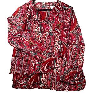 J. Jill Tunic Womens Med Double Layer Paisley Red Top Floral Stretch Boho Blouse